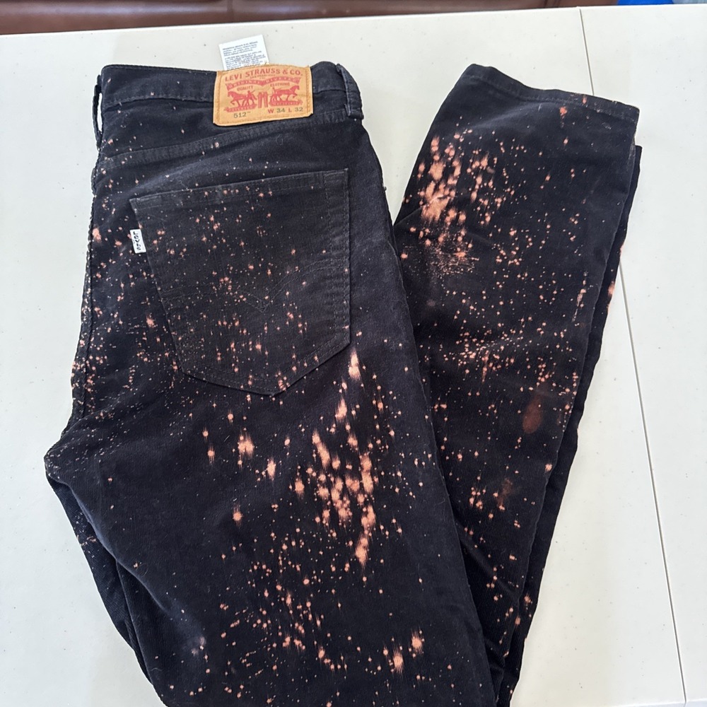 Levi's 512 Pants Mens 34X32 Corduroy Jeans Black Paint Splash Straight 2016 Y2K